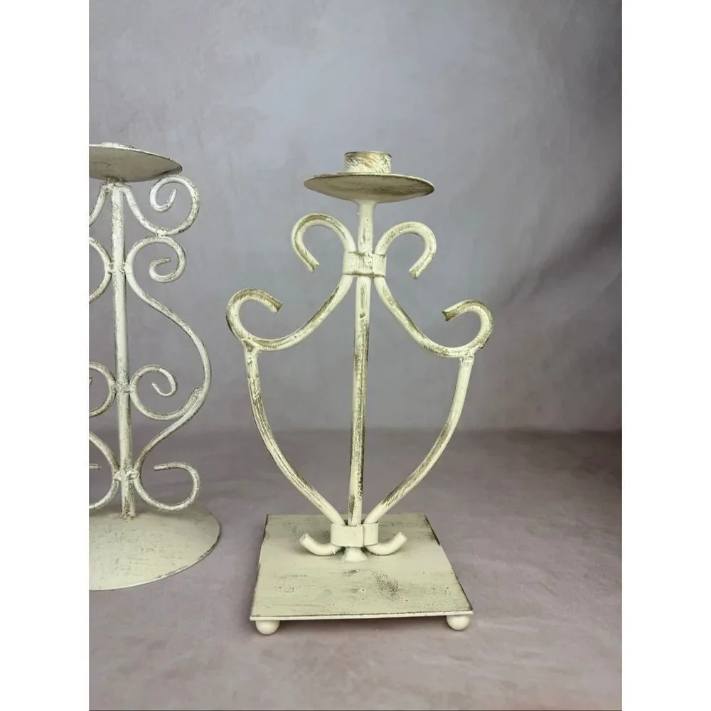 Vintage 90s Ivory Iron Candlestick Holders Scroll Cottagecore Shabby Chic Set of
